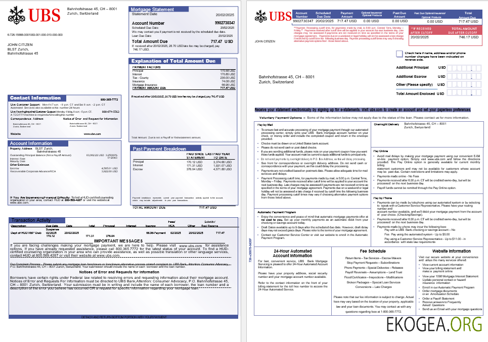 Relevé hypothécaire de la banque suisse UBS aux formats Word et PDF, 3 pages 1 , 2